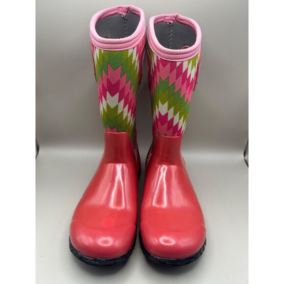 Bogs Rain Boots Kids Pink Green NH Native Pattern Waterproof 71841 YTH Size 4 - Picture 1 of 13